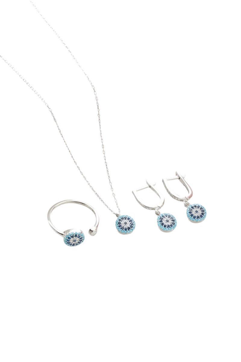 Nereze | Tiny Nazar Evil Eye Model Earrings, Ring and Necklace Set