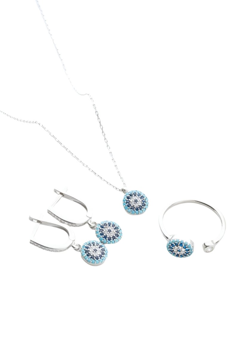 Nereze | Tiny Nazar Evil Eye Model Earrings Ring, Necklace and Adjustable Size Ring Set