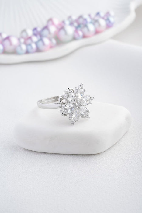 Nereze | White Zircon Stone Rotating Camellia Flower Adjustable Size Ring