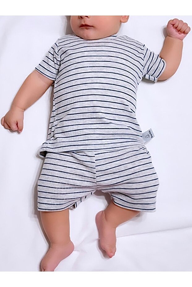 Newborn Baby Pajama Set - Short Sleeve Shorts - Navy Stripe & Grey Melange - TryAladdin