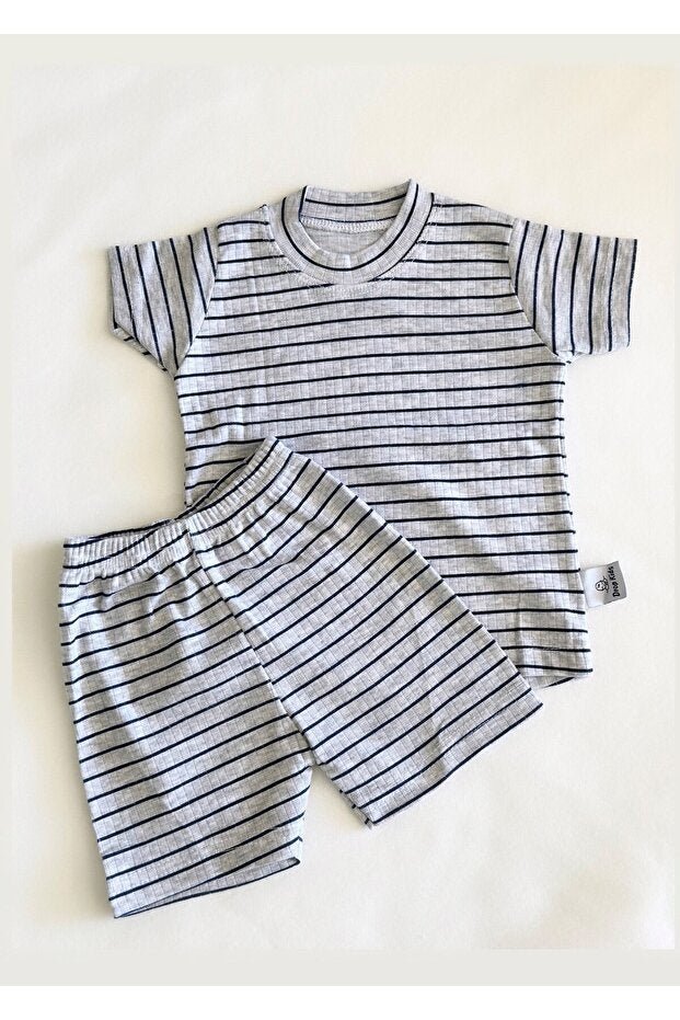 Newborn Baby Pajama Set - Short Sleeve Shorts - Navy Stripe & Grey Melange - TryAladdin