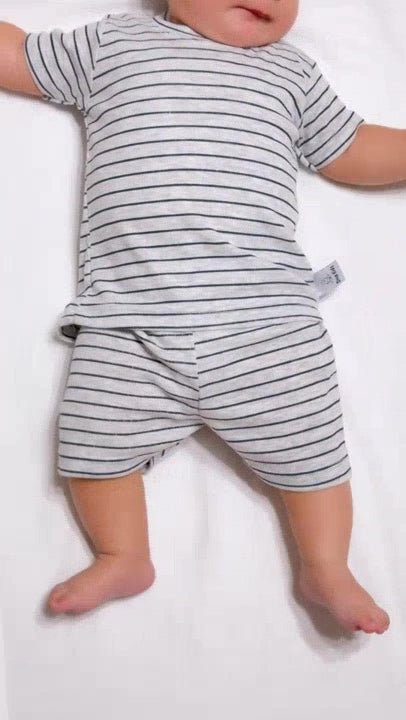 Newborn Baby Pajama Set - Short Sleeve Shorts - Navy Stripe & Grey Melange - TryAladdin