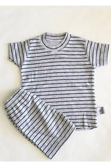 Newborn Baby Pajama Set - Short Sleeve Shorts - Navy Stripe & Grey Melange - TryAladdin