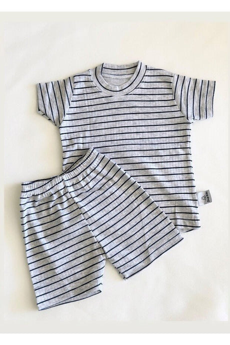 Newborn Baby Pajama Set - Short Sleeve Shorts - Navy Stripe & Grey Melange - TryAladdin