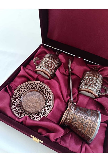 Nihal Sueda Professional Authentic Copper Turkish Coffee Set - 2 - Piece Velvet Box - TryAladdin