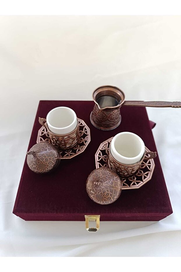 Nihal Sueda Professional Authentic Copper Turkish Coffee Set - 2 - Piece Velvet Box - TryAladdin