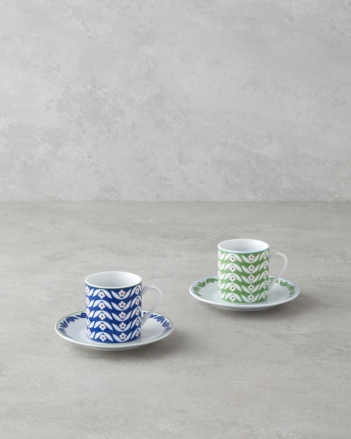 Professional Grade Nixie Design Porcelain Coffee Cup Set 4 Piece Green Blue