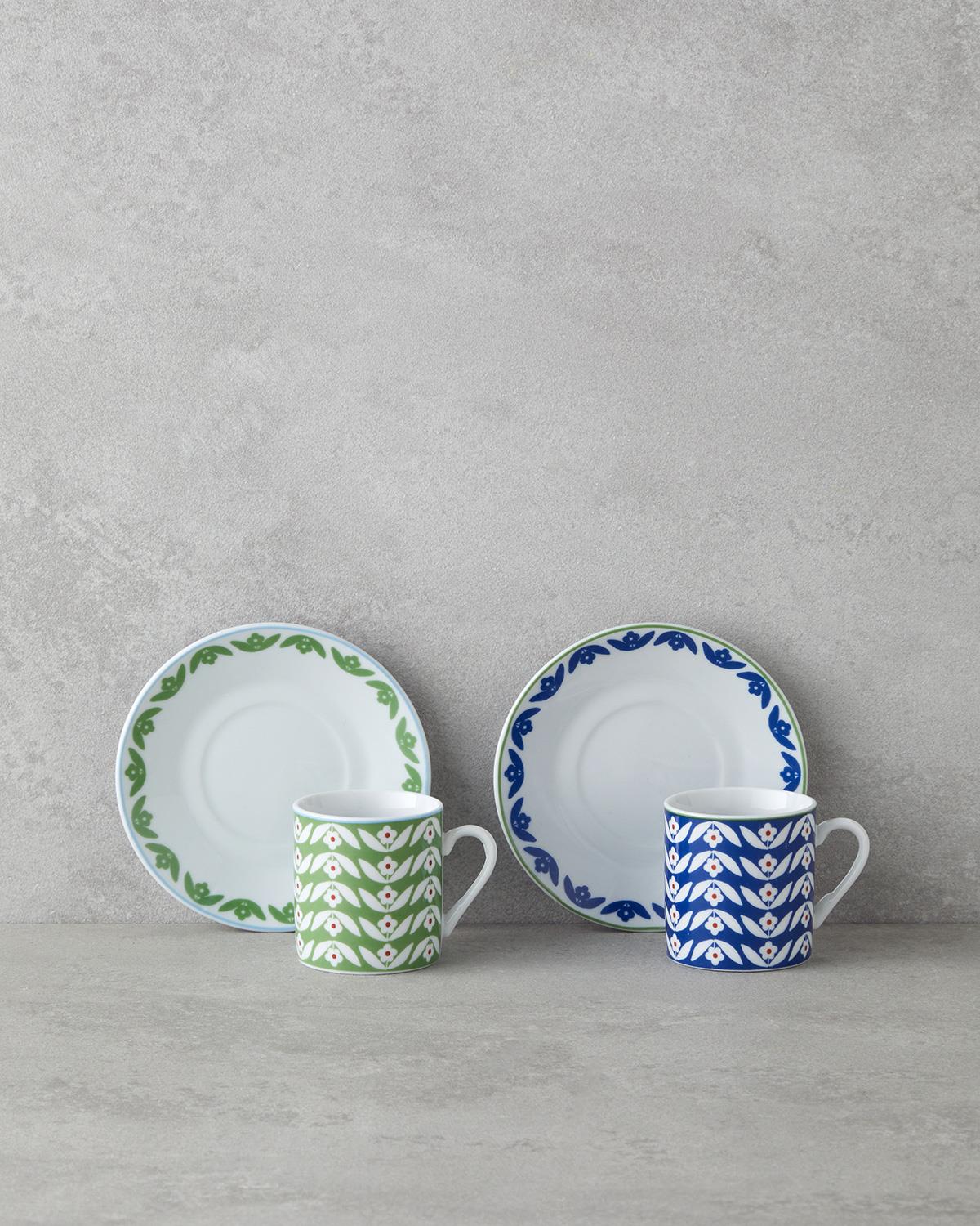 Professional Grade Nixie Design Porcelain Coffee Cup Set 4 Piece Green Blue