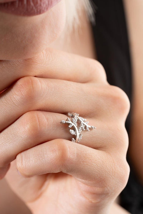 NRZ | 925K Sterling Silver Adjustable Size Ring with Zircon Stone Rhodium Olive Branch