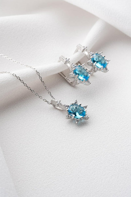 NRZ | 925K Sterling Silver Aquamarine Oval Stone Earrings and Necklace Set