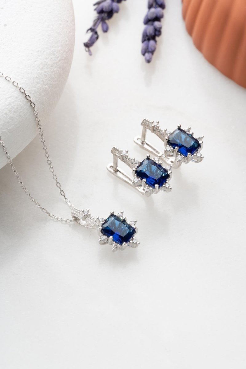 NRZ | 925K Sterling Silver Blue Baguette Stone Earrings and Necklace Set