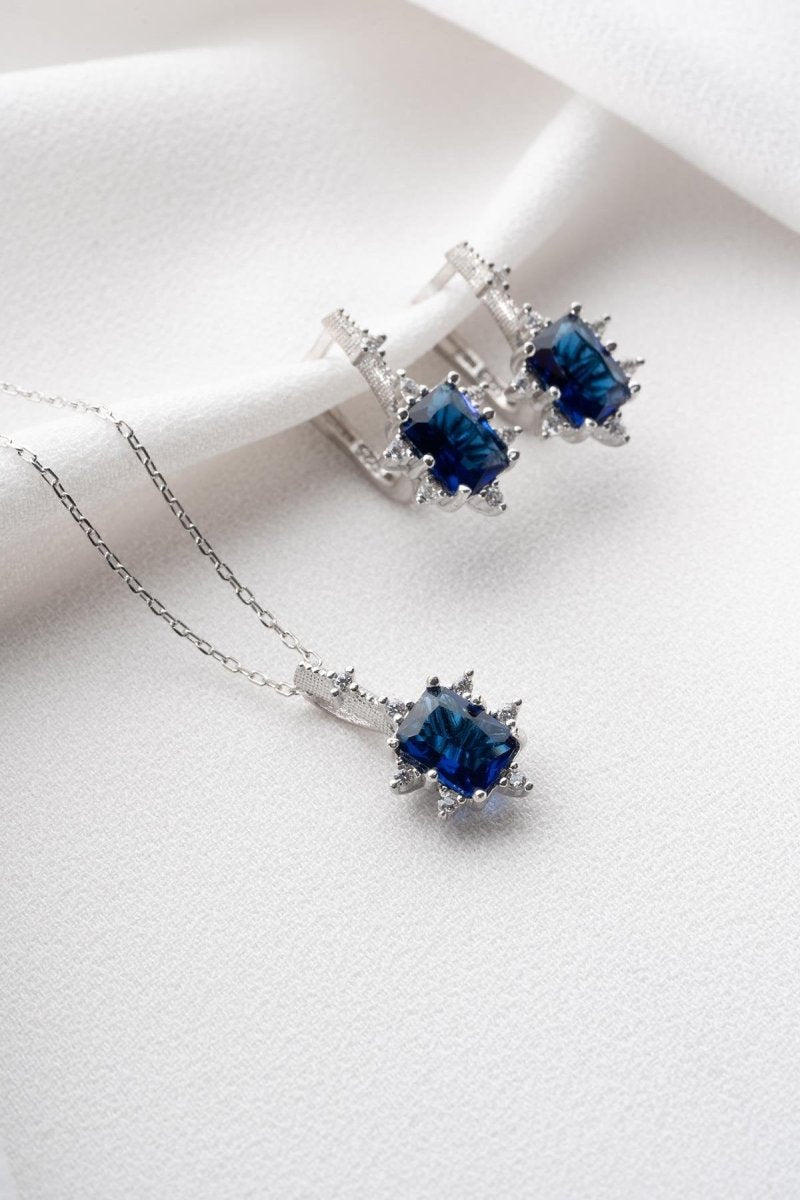 NRZ | 925K Sterling Silver Blue Baguette Stone Earrings and Necklace Set