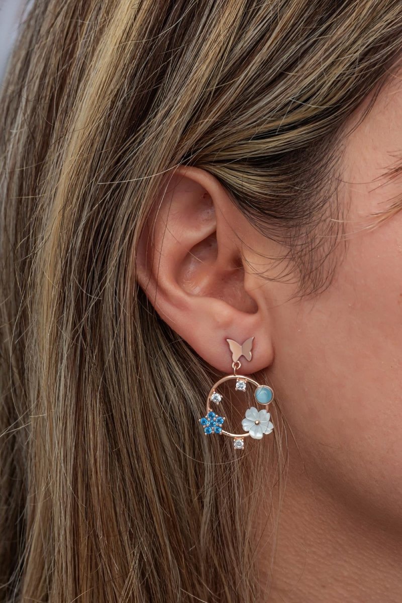 NRZ | 925K Sterling Silver Blue Stone Magnolia Flower Butterfly Detail Earrings