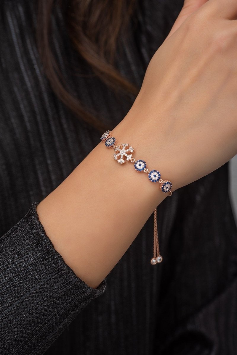 NRZ | 925K Sterling Silver Bracelet Snowflake Bracelet with Nazar Evil Eye and Adjustable Lock