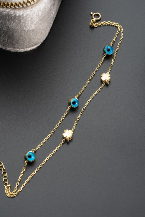 NRZ | 925K Sterling Silver Double Chain Gold Plated Clover Nazar Evil Eye Bracelet