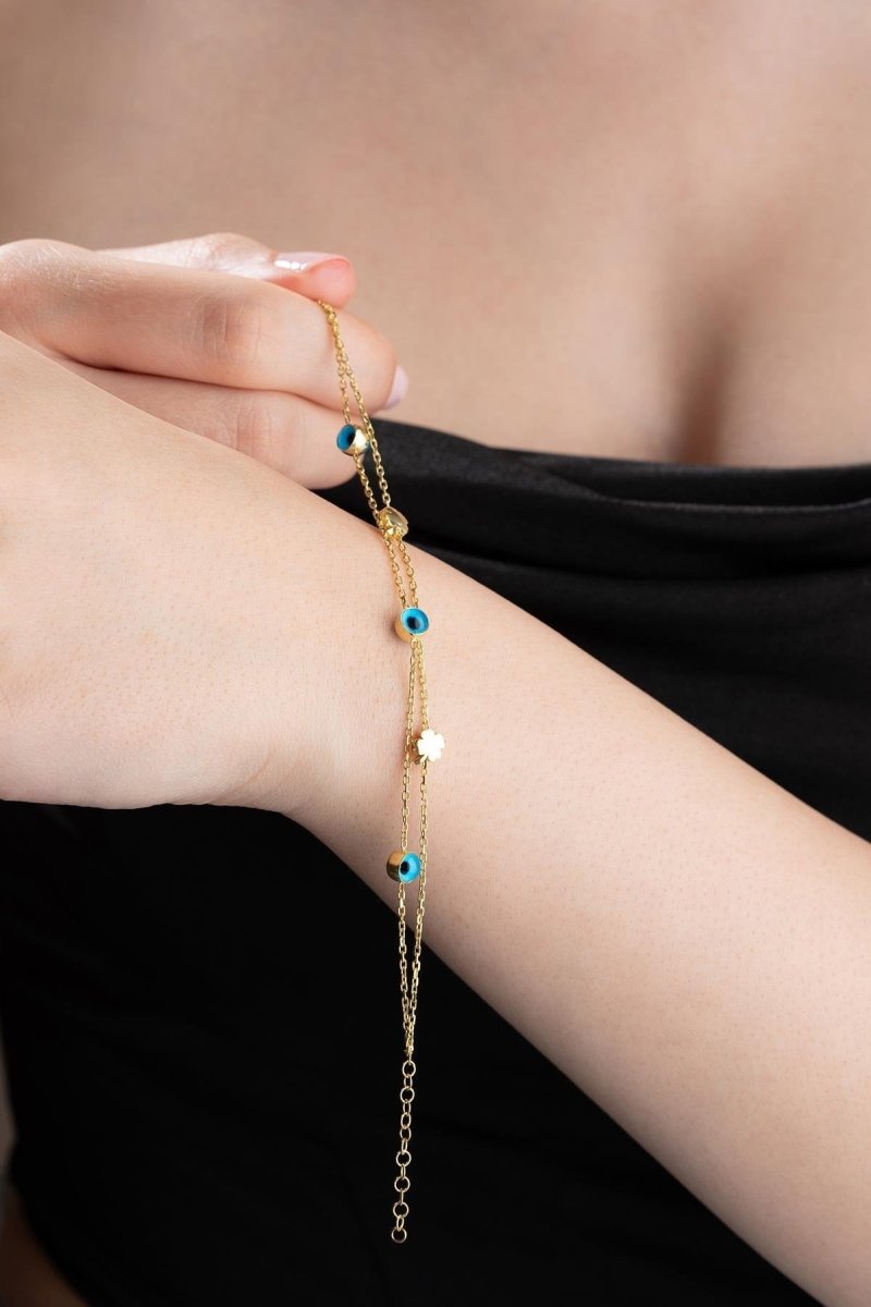 NRZ | 925K Sterling Silver Double Chain Gold Plated Clover Nazar Evil Eye Bracelet