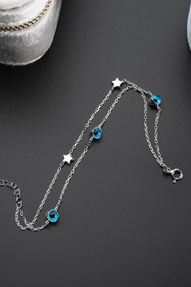 NRZ | 925K Sterling Silver Double Chain Rhodium Plated Star Nazar Evil Eye Bracelet