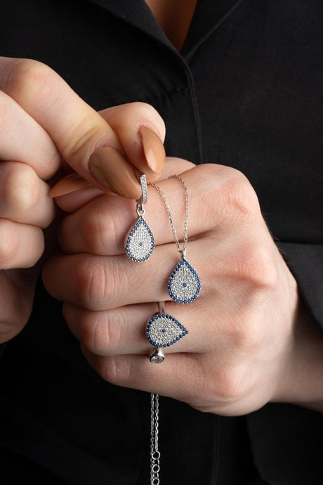 NRZ | 925K Sterling Silver Drop Nazar Evil Eye Model Earrings, Ring and Necklace Set