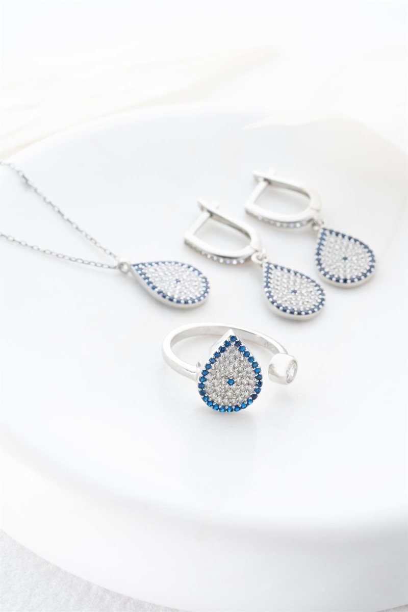 NRZ | 925K Sterling Silver Drop Nazar Evil Eye Model Earrings, Ring and Necklace Set