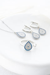 NRZ | 925K Sterling Silver Drop Nazar Evil Eye Model Earrings, Ring and Necklace Set