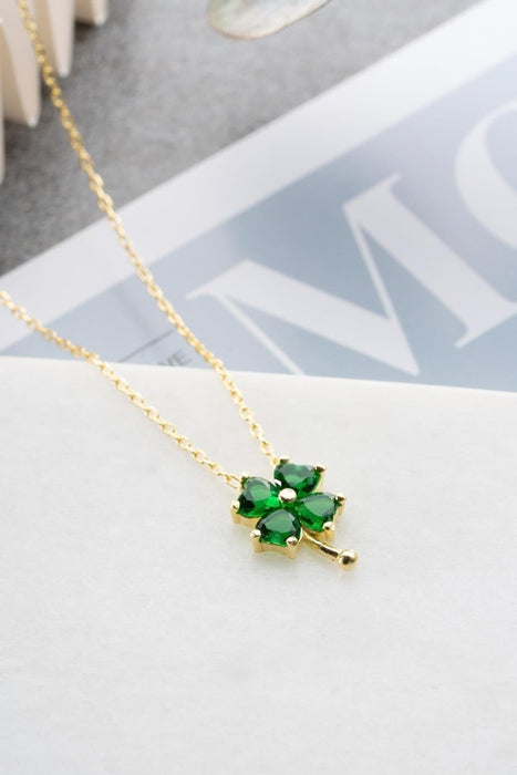 NRZ | 925K Sterling Silver Gold Plated Green Stone Clover Necklace