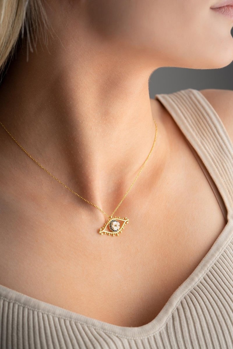 NRZ | 925K Sterling Silver Gold Plated Magnolia Flower with Nazar Evil Eye Detail Necklace