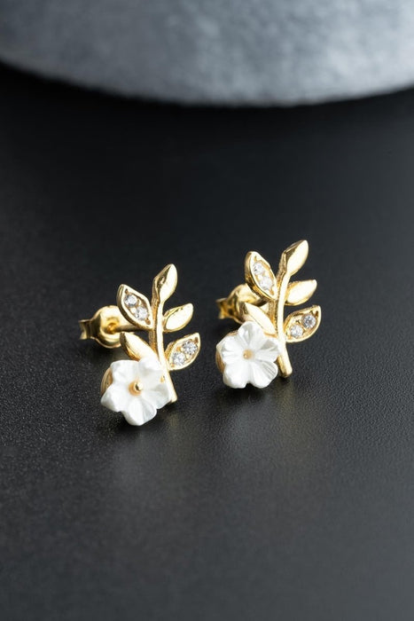 NRZ | 925K Sterling Silver Gold Plated Tiny Magnolia Flower Olive Branch Earrings