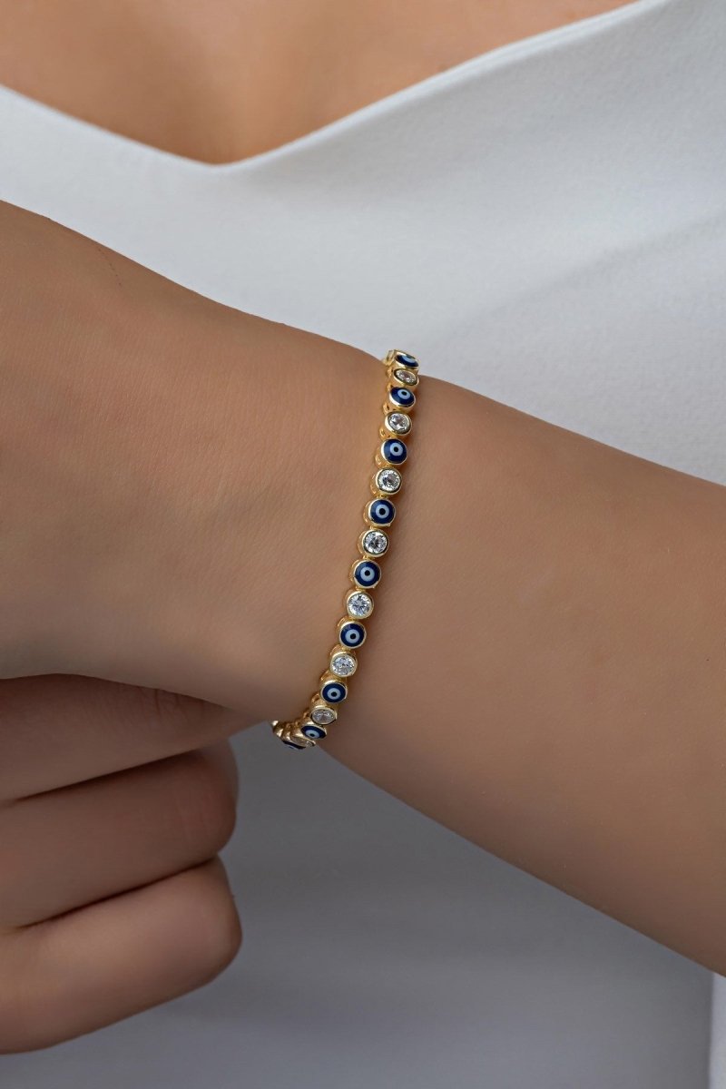 NRZ | 925K Sterling Silver Gold Waterway Bracelet with Nazar Evil Eye