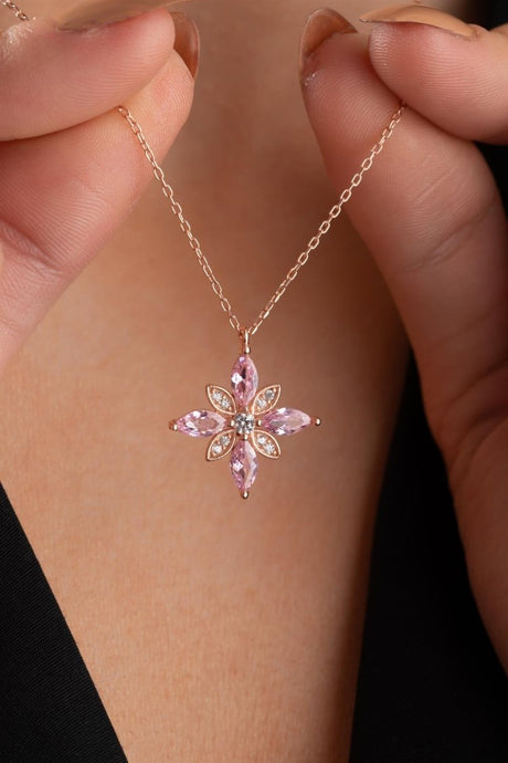 NRZ | 925K Sterling Silver Hope Flower Necklace with Pink Zircon Stones