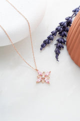 NRZ | 925K Sterling Silver Hope Flower Necklace with Pink Zircon Stones