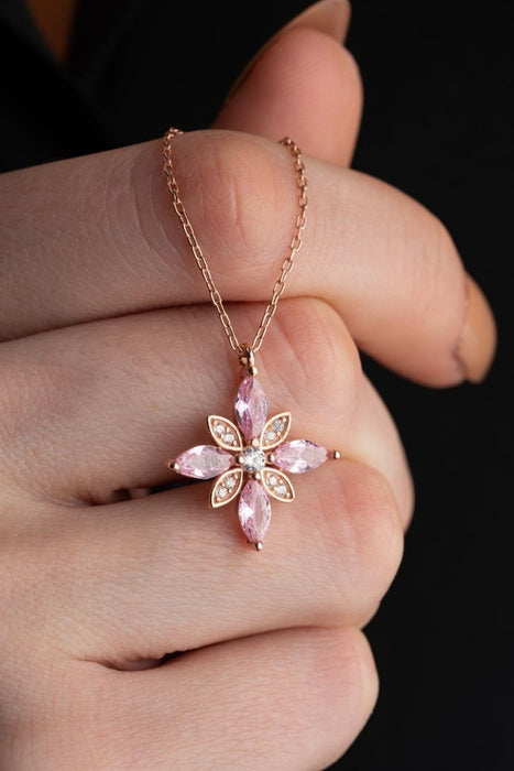 NRZ | 925K Sterling Silver Hope Flower Necklace with Pink Zircon Stones