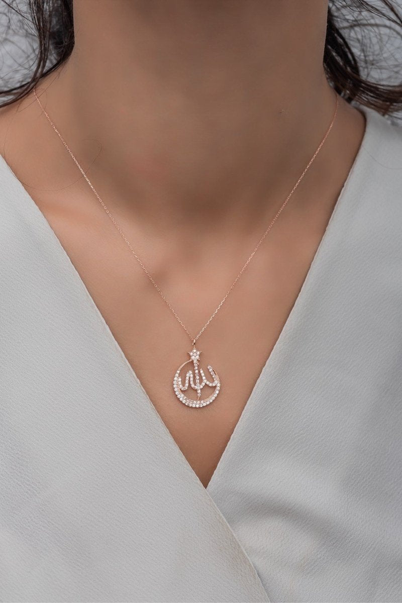 NRZ | 925K Sterling Silver Islamic Motivated Zircon Stone Allah Word Necklace