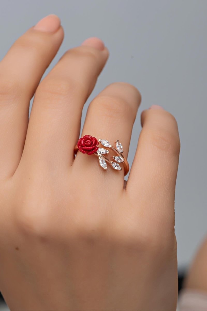 NRZ | 925K Sterling Silver Ivy Model Red Rose Adjustable Size Ring