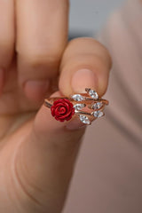 NRZ | 925K Sterling Silver Ivy Model Red Rose Adjustable Size Ring