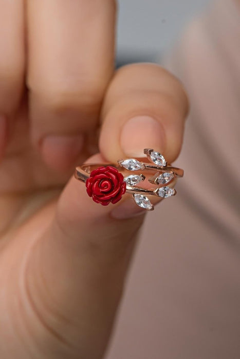 NRZ | 925K Sterling Silver Ivy Model Red Rose Adjustable Size Ring