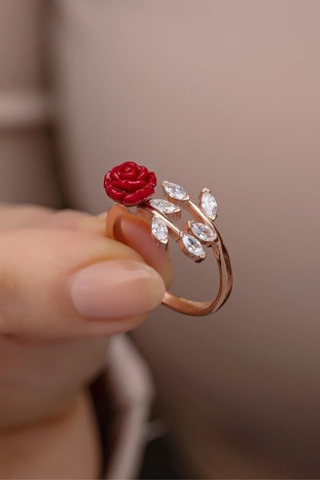 NRZ | 925K Sterling Silver Ivy Model Red Rose Adjustable Size Ring