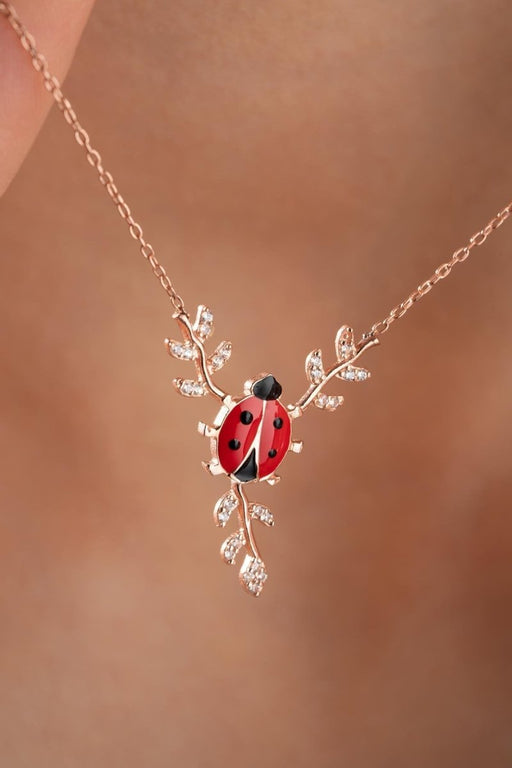 NRZ | 925K Sterling Silver Ladybug Necklace with Red Enamel on a Branch