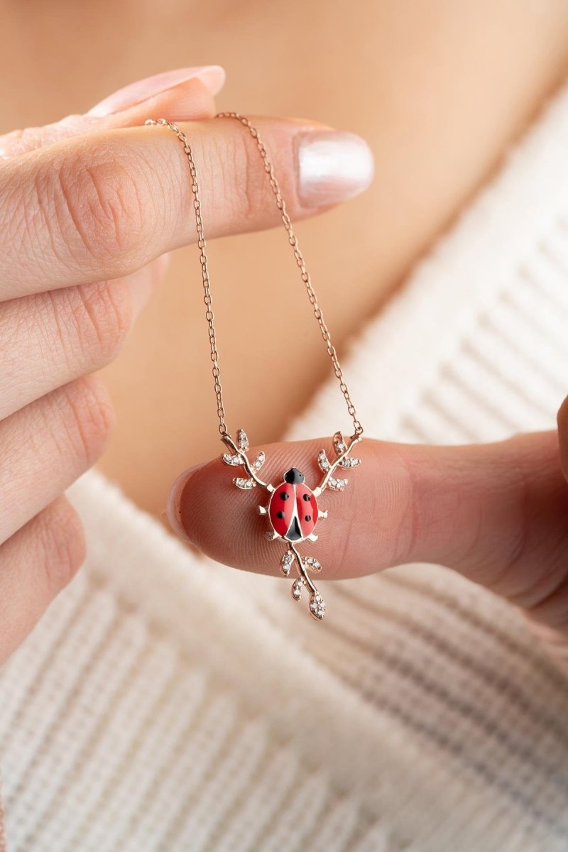 NRZ | 925K Sterling Silver Ladybug Necklace with Red Enamel on a Branch