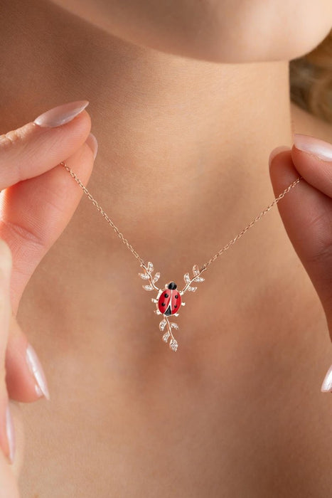 NRZ | 925K Sterling Silver Ladybug Necklace with Red Enamel on a Branch