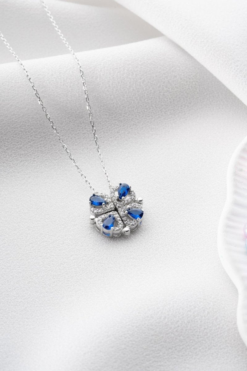 NRZ | 925K Sterling Silver Magnetized Detachable Rhodium Blue Zirconia Clover Necklace with 4 Hearts