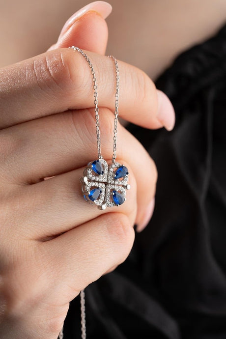 NRZ | 925K Sterling Silver Magnetized Detachable Rhodium Blue Zirconia Clover Necklace with 4 Hearts