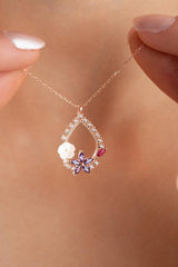 NRZ | 925K Sterling Silver Magnolia Blossom Purple Camellia Flower Detail Drop Necklace