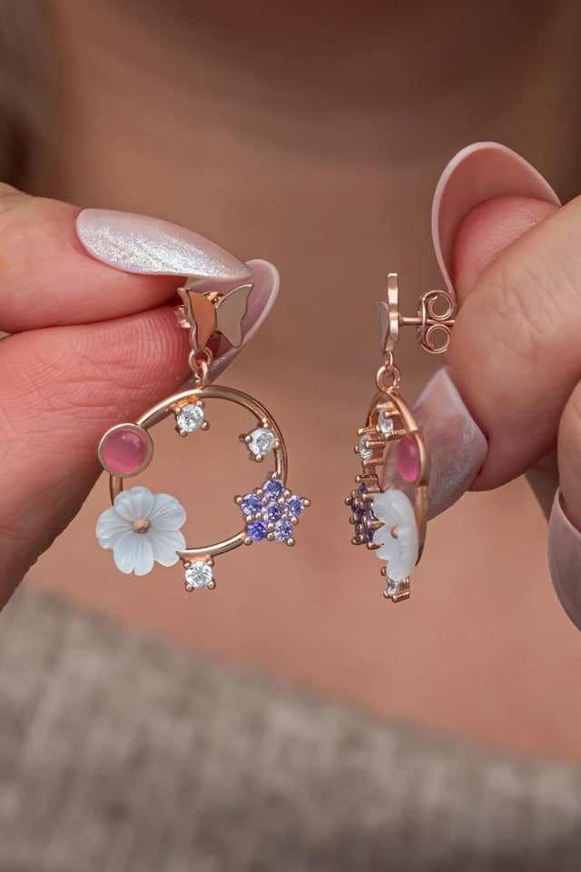 NRZ | 925K Sterling Silver Magnolia Flower Butterfly Detail Earrings with Pink Stone