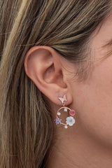 NRZ | 925K Sterling Silver Magnolia Flower Butterfly Detail Earrings with Pink Stone