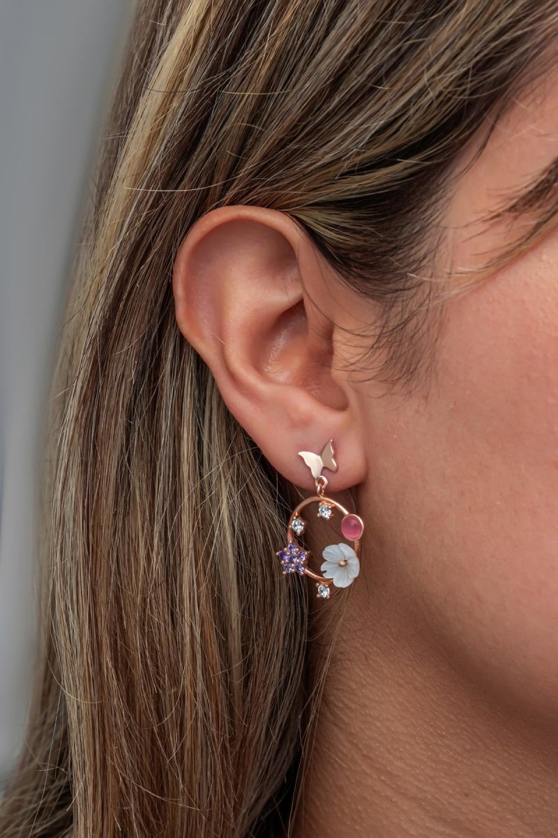 NRZ | 925K Sterling Silver Magnolia Flower Butterfly Detail Earrings with Pink Stone