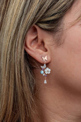 NRZ | 925K Sterling Silver Magnolia Flower Earrings with Butterfly Blue Stone