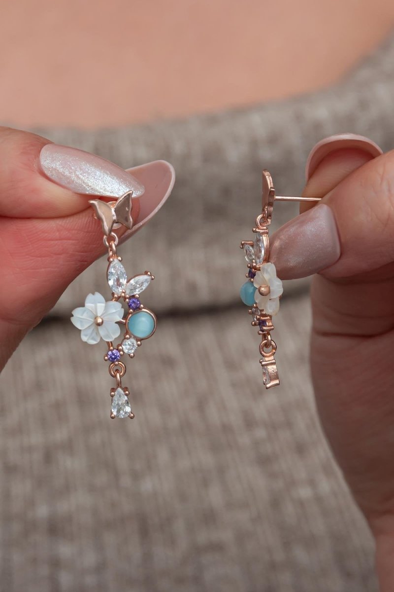 Nereze | Magnolia Flower Earrings with Butterfly Blue Stone - TryAladdin