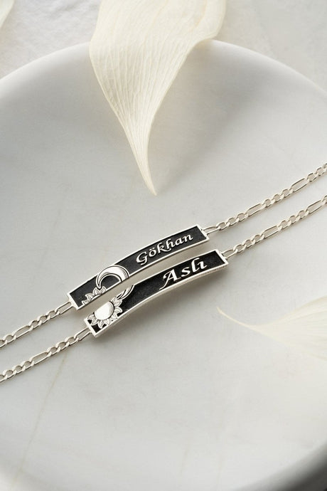 NRZ | 925K Sterling Silver Moon and Sun Harmony Personalized Couple Name Bracelet (2 Pieces)