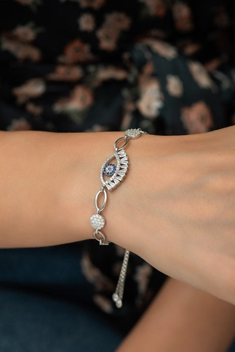 NRZ | 925K Sterling Silver Nazar Evil Eye Women Silver Bracelet with Adjustable Lock