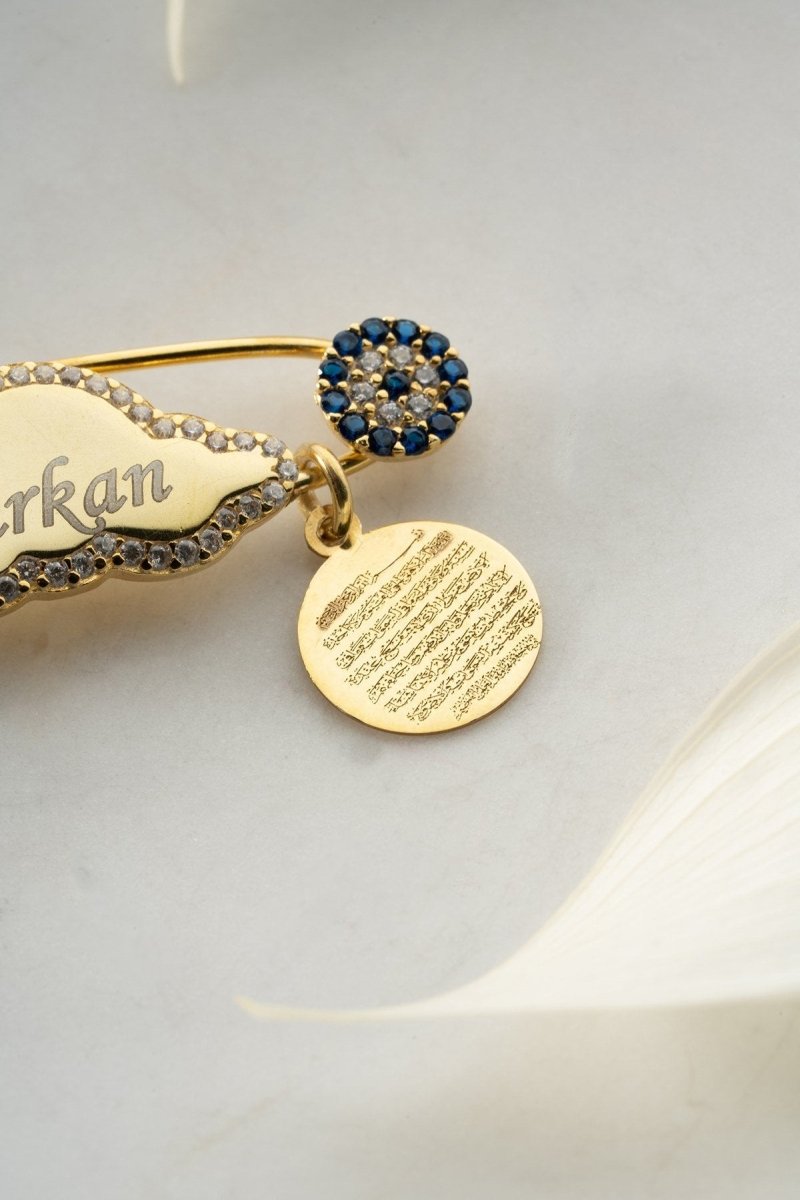 NRZ | 925K Sterling Silver Personalized Cloud Model Blue Feet Islamic Motivated Ayatal Kursi Baby Pin with Name